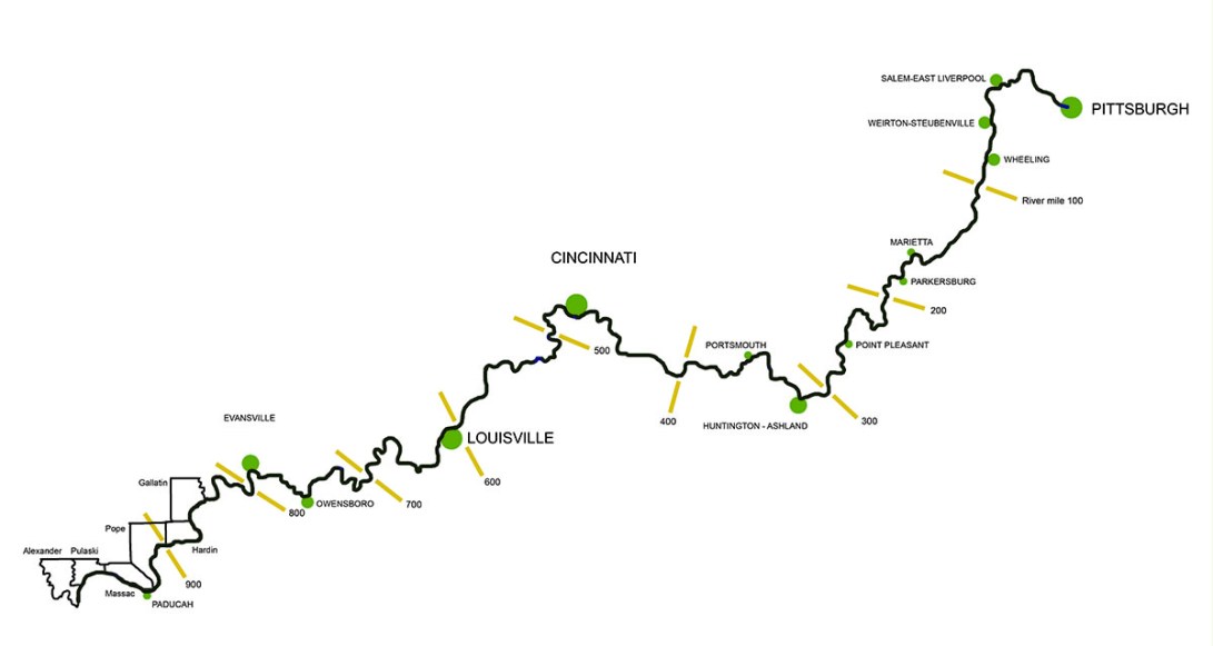 Illinois: River miles, counties, and towns