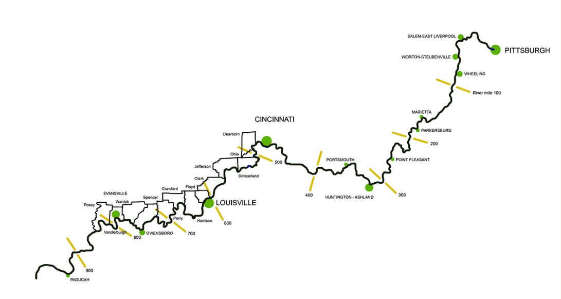 Indiana: counties, towns, and river miles